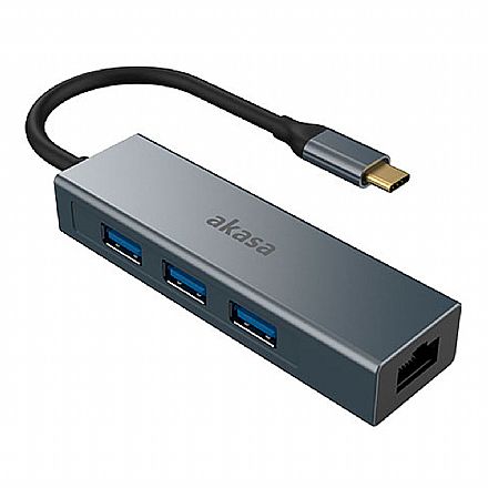 Adaptador USB-C para RJ45 - Gigabit Ethernet - HUB 3 Portas USB 3.1 - Gigabit - Akasa AK-CBCA20-18BK
