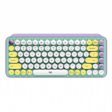 Teclado Mecânico sem Fio Logitech Pop Keys - Switch Brown - USB e Bluetooth - Verde e Lilás - 920-010711