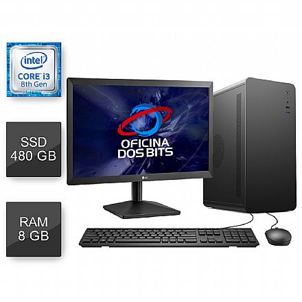 Computador Bits WorkHard - Intel i3 8100T, 8GB, SSD 480GB, Kit Teclado e Mouse, Monitor 19.5" LG 20MK400H-B, Freedos