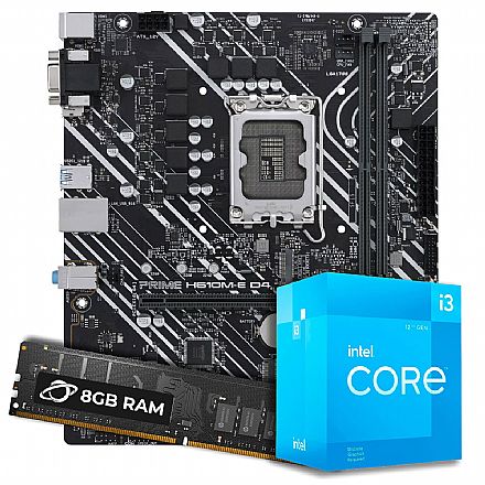 Kit Upgrade Processador Intel® Core™ i3 12100F + Placa Mãe Asus Prime H610M-E D4 + Memória 8GB DDR4