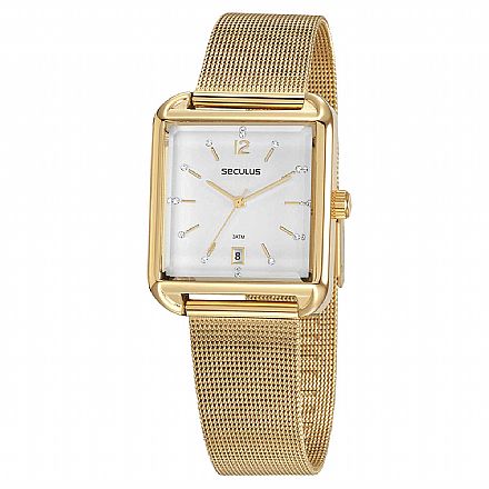 Relógio Feminino Seculus Quadrado Malha de Aço Dourado - 77082LPSVDS1