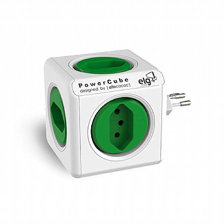 Multiplicador de Tomada Elg PowerCube Original - 2P+T - 5 tomadas - Branco e Verde - PWC-R5