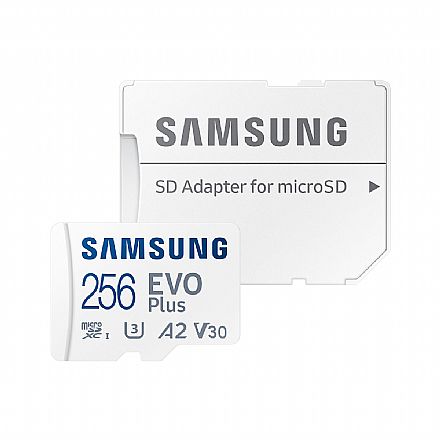 Cartão 256GB MicroSD com Adaptador SD - Classe 10 - Velocidade até 130MB/s - Samsung EVO Plus Branco MB-MC256KA