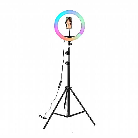 Iluminador LED Ring Light 8" - RGB - Com Tripé - Suporte para Smartphone - Controle de Luz - USB