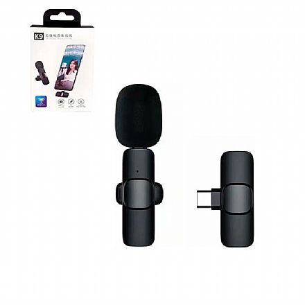 Microfone de Lapela K9 - Sem Fio - USB-C - Preto - MIC0051