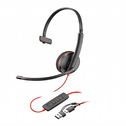 Headset HP Poly Blackwire C3210 Monaural - USB e USB-C - Preto e Vermelho - 8X214A6