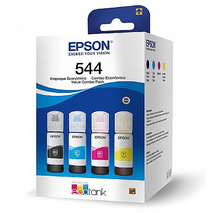 Refil de Tinta Epson T544 - Kit com 4 cores - Preto, Magenta, Ciano e Amarelo - Para Impressoras L3110 L3150 L3210 L3250 L5190
