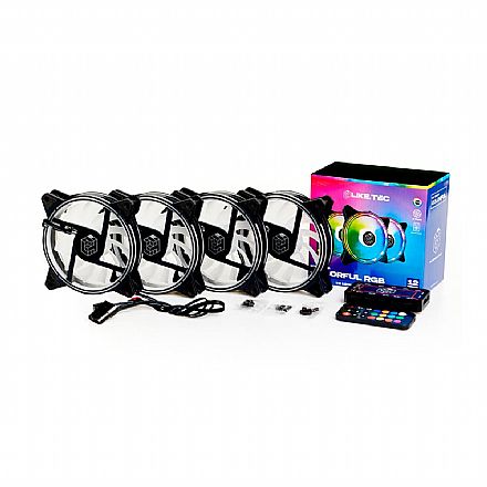 Kit 4 Coolers 120mm Liketec Colorful - Led ARGB - Controle Remoto e Controladora - 3 Normais, 1 Reverso - Preto - SYC-MB-(3N+1R)