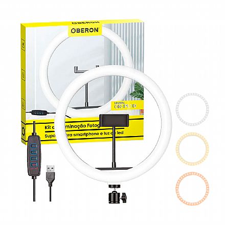 Iluminador LED Ring Light 10" - Com Tripé - Suporte para Smartphone - Controle de Luz - USB - OR-PL10