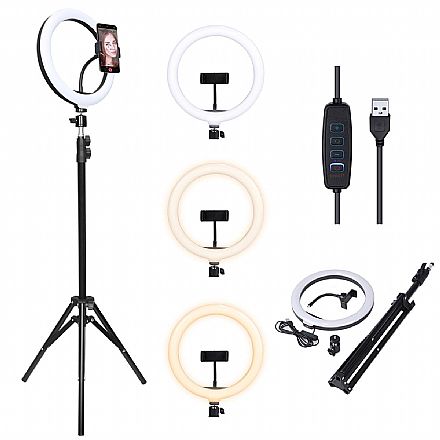 Iluminador LED Ring Light 10" - Tripé 1,65m - Anel 26cm - Luz 12W 3 tonalidades - USB - Vinik RL26