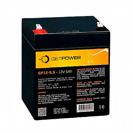 Bateria para Nobreak e Sistemas de Monitoramento e Segurança - 12V / 5.5Ah - Estacionária - Getpower P1200055B1A59