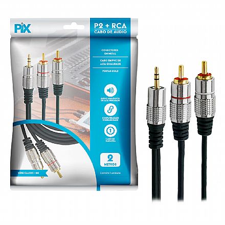Cabo Conversor de Audio P2 x RCA Duplo - Ideal para aparelhos MP3, MP4, Ipod - 2 Metros - PIX-018-0702