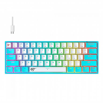 Teclado Mecânico Gamer Havit KB877L - Formato 60% - Iluminação RGB - Switch Content Red - Branco e Azul - HVKB-KB877L-BL+WH