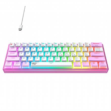 Teclado Mecânico Gamer Havit KB877L - Formato 60% - Iluminação RGB - Switch Content Red - Branco e Roxo - HVB-KB877L-PL+WH