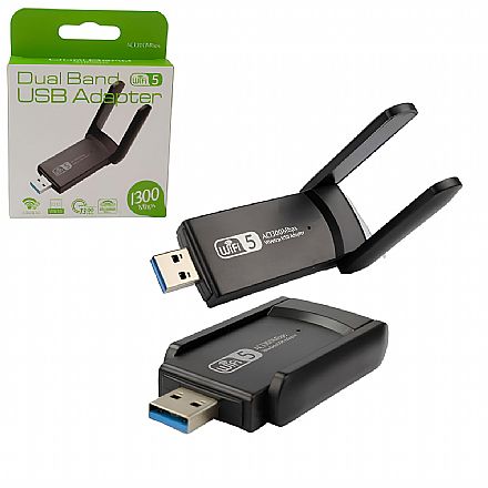 USB Adaptador Wi-Fi - AC1300 - USB 3.0 - Dual Band 2.4GHz e 5GHz - Antena Externa - AD0639
