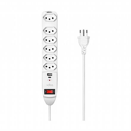 Filtro de linha 6 tomadas Elgin - Bivolt - Padrão 3 Pinos - 10A - Carregador USB e USB-C - Branco - 46RFL306OUSB