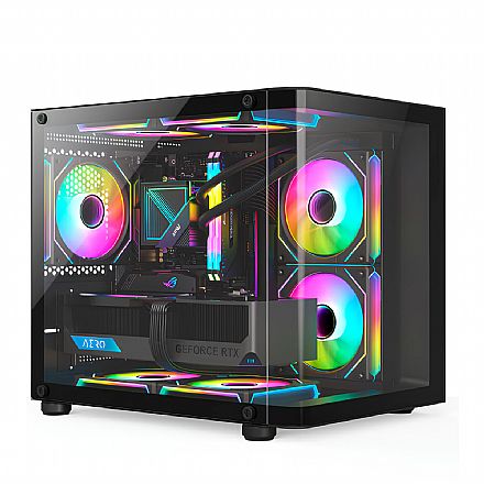 Gabinete Gamer Aquário Hayom GB1798 - Vidro Temperado - Inclusos 4 FANs 120mm - Micro ATX - Preto