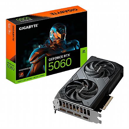Placa de Vìdeo GeForce RTX 5060 8GB GDDR7 128bits - Windforce - DLSS 4 - Gigabyte GV-N5060WF2-8GD