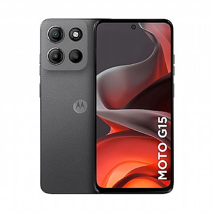 Smartphone Motorola Moto G15 - Tela 6,7" FHD+, 256GB, RAM 4GB, Dual Chip, 4G, Câmera 50MP + 8MP, Desbloqueio Facial e Digital - Grafite - XT2521-2