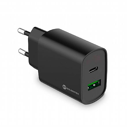 Carregador de Parede USB e USB-C - Goldentec Fast Charge - 20W - Carregamento Rápido - Preto - 65644
