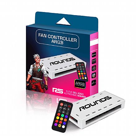 Controladora de Fans ARGB Round 5 - 6 portas PWM e 7 portas ARGB - Controle Remoto - Branco - R5-CONTROLLER-ARGB-W-2208