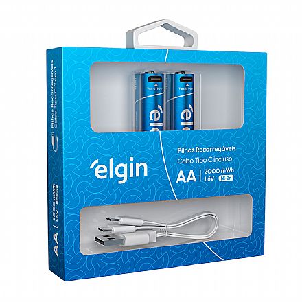 Pilha Recarregável AA Elgin 82427 - 1200mAh - 2 unidades - Carregador embutido USB-C