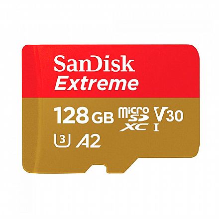 Cartão 128GB Micro SD - Classe 10 - 100MB/s - com Adaptador - SanDisk Extreme - SDSQXAA-128G-GN6AA Cartão 128GB Micro SD - Classe 10 - 100MB/s - com Adaptador - SanDisk Extreme - SDSQXAA-128G-GN6AA