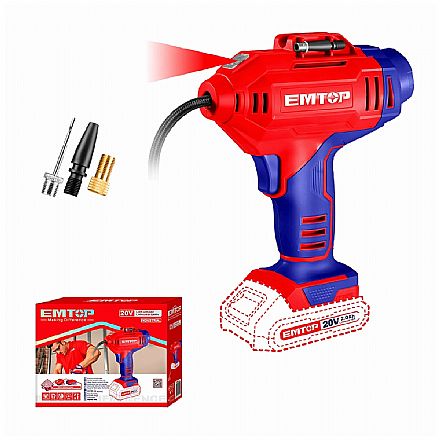 Compressor de Ar Sem Fio Emtop ELAC2018 - 20V - 150 PSI - 3 Adaptadores - Não acompanha Carregador e Bateria