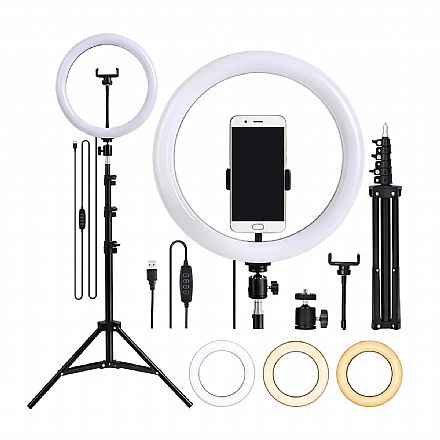 Iluminador LED Ring Light 10" - Tripé 2,10m - Suporte para Smartphone - 3 tonalidades - USB - TP0045LM