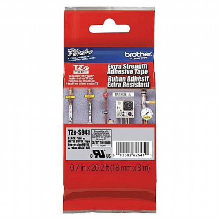 Fita para Rotulador Brother P-Touch TZE-S941 - 18mm - Preto sobre Prata Fosco - Adesivo Extra Forte