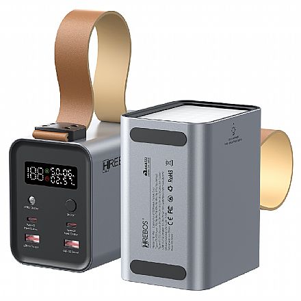 Power Bank Carregador Portátil Hrebos PB-996 - 100W - Carregamento Rápido - 60000mAh - USB-C e USB-A - Display Digital - Lanterna LED - Cinza Metálico