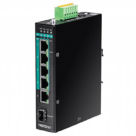 Switch 6 Portas Trendnet Industrial TI-PG541i - Gigabit - 4 Portas PoE+ e 1 SFP - Trilho DIN - Layer 2 - Gerenciável - PoE+ 120W