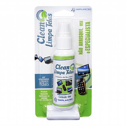 Spray Limpa Tela Clean Implastec - 60ml - com Flanela - Para Limpeza de Notebook, TVs e Monitores